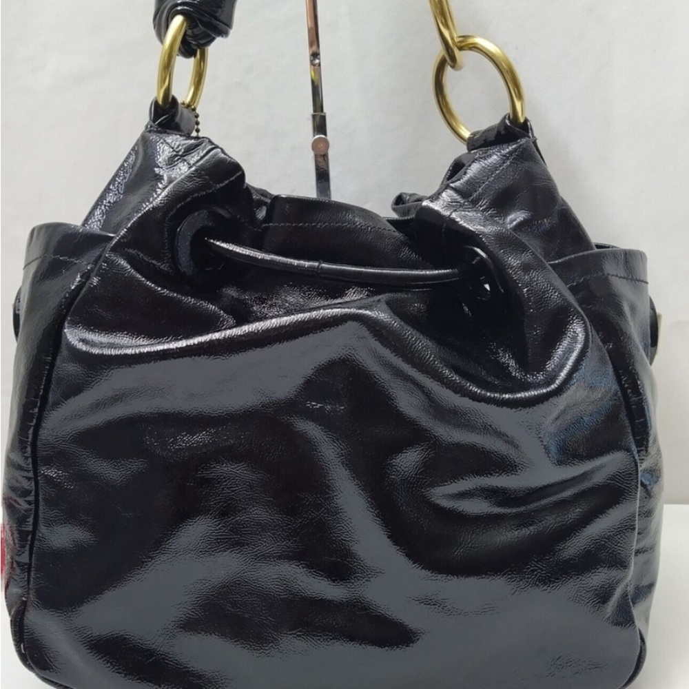 Coach Glossy Black Shoulder Bag HOBO drawstring with Gold Details.LEATHER. - Picture 3 of 14